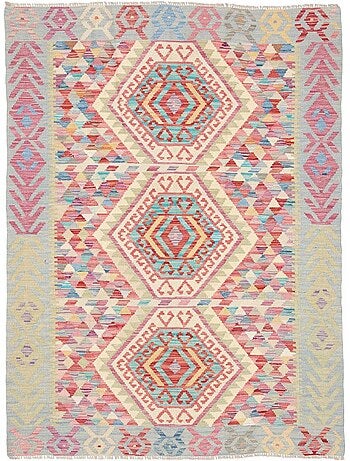 Tapis kilim au motif ethnique, tissé à plat en laine naturelle