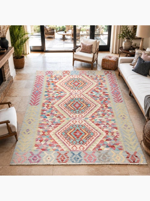 Tapis kilim au motif ethnique, tissé à plat en laine naturelle - Kiabi Tapis kilim au motif ethnique, tissé à plat en laine naturelle - Kiabi