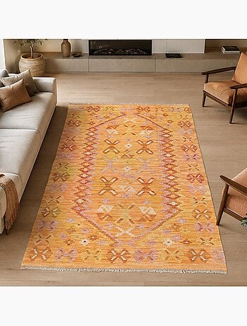 Tapis kilim au motif ethnique, tissé à plat en laine naturelle