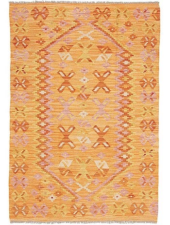Tapis kilim au motif ethnique, tissé à plat en laine naturelle