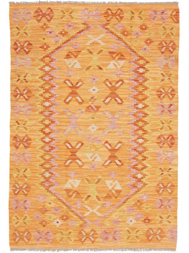 Tapis kilim au motif ethnique, tissé à plat en laine naturelle Orange - Kiabi