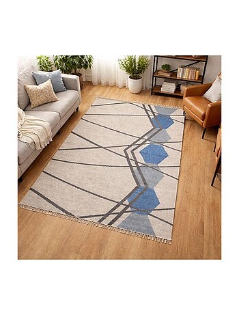 Tapis kilim BLANBLEU, fait à la main en laine motif géométrique