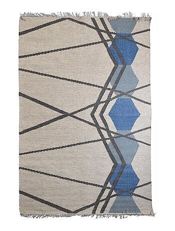 Tapis kilim BLANBLEU, fait à la main en laine motif géométrique