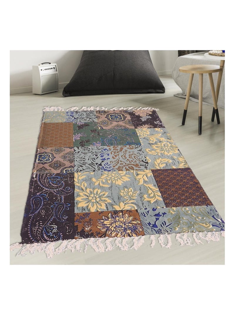 Tapis kilim fait à la main en coton BLUE FLOREA Bleu - Kiabi