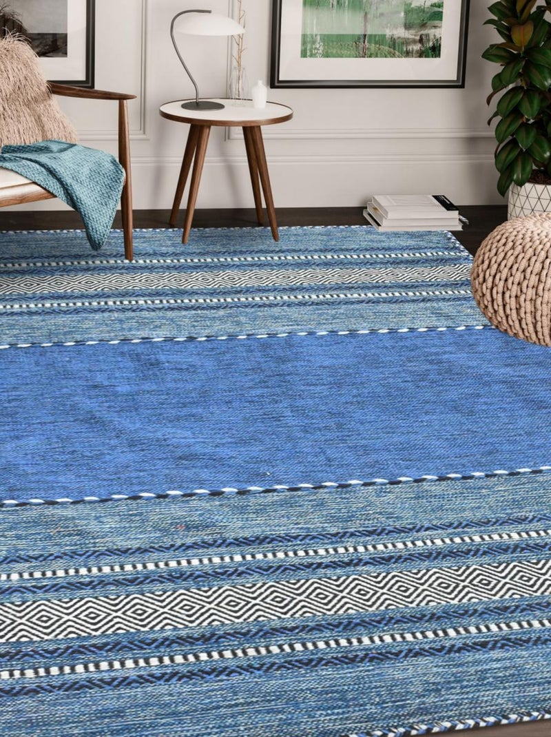 Tapis kilim fait main en coton motif ethnique LYN15 TIVE Bleu - Kiabi