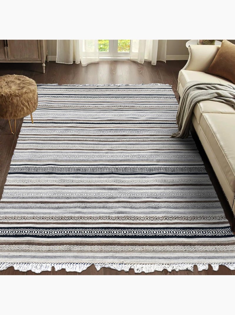 Tapis kilim LALAO, fait à la main en laine motif géométrique Beige - Kiabi