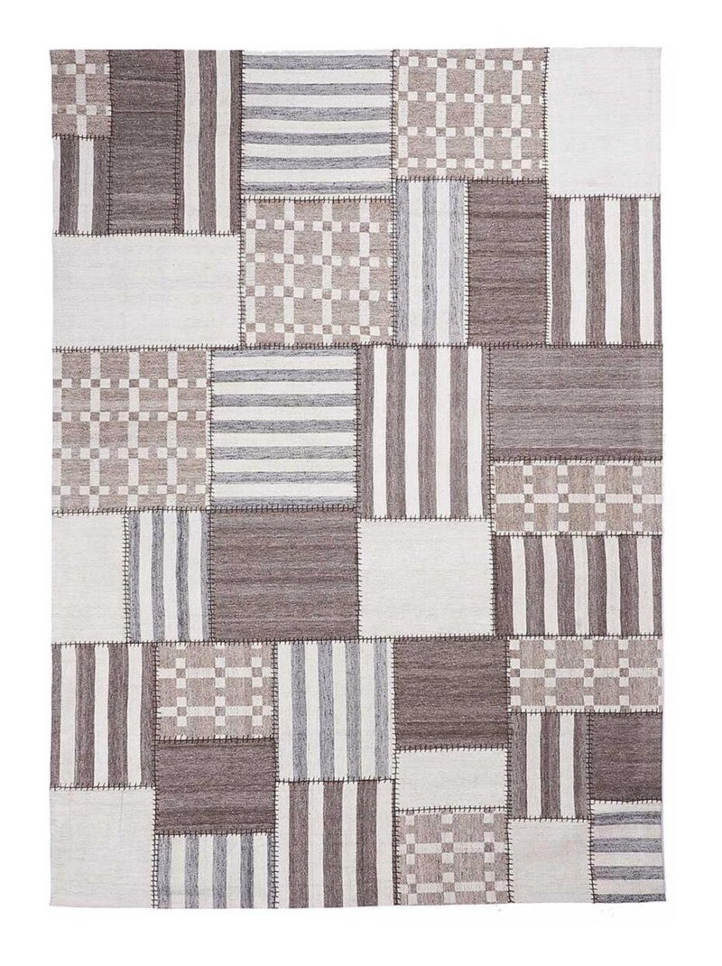 Tapis kilim PATCHWINDIA, fait à la main en laine motif géométrique Gris - Kiabi