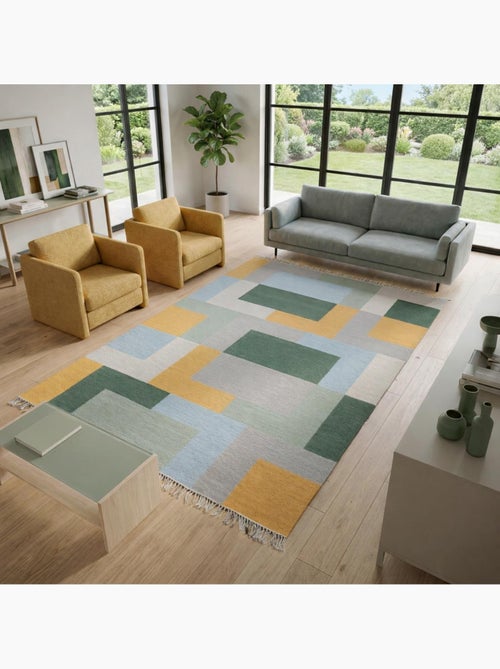 Tapis kilim TETRIS, fait main en laine motif géométrique - Kiabi