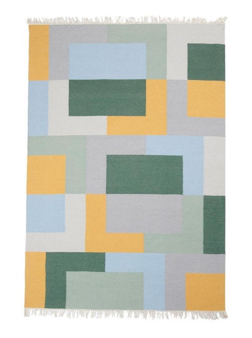 Tapis kilim TETRIS, fait main en laine motif géométrique - Kiabi