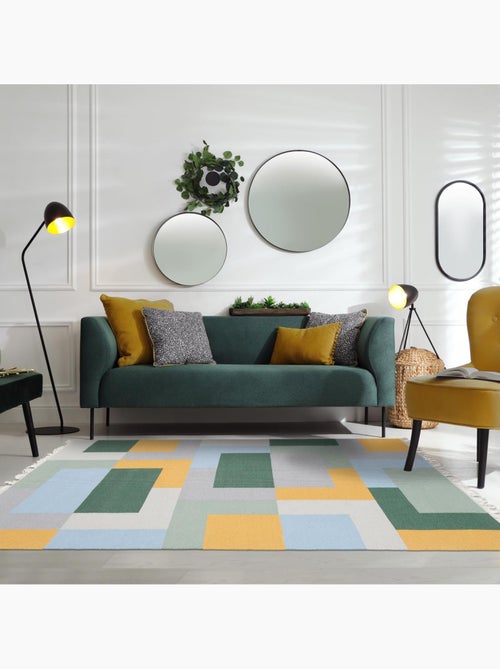 Tapis kilim TETRIS, fait main en laine motif géométrique - Kiabi