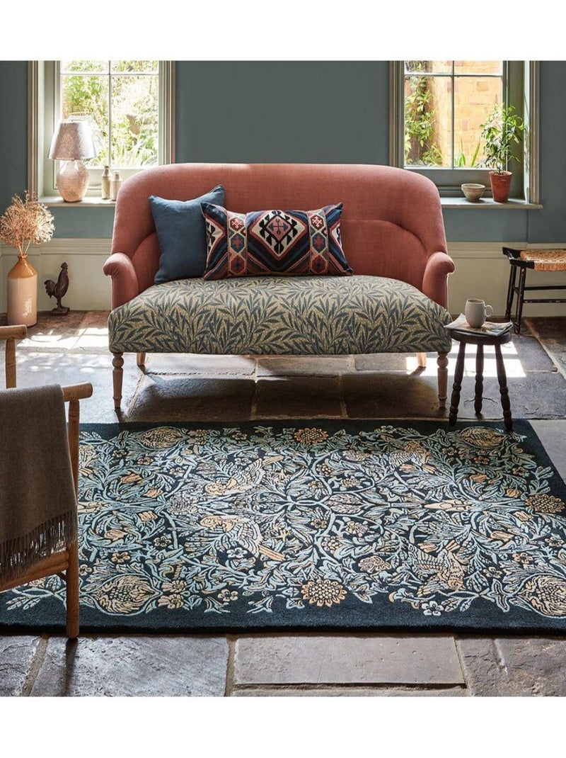 Tapis laine poils ras tufté main floral design Bird Bleu - Kiabi