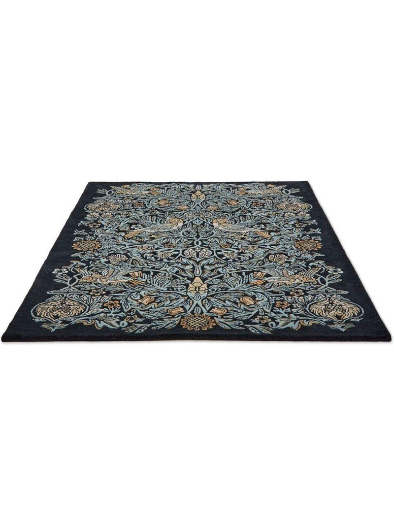 Tapis laine poils ras tufté main floral design Bird Bleu - Kiabi