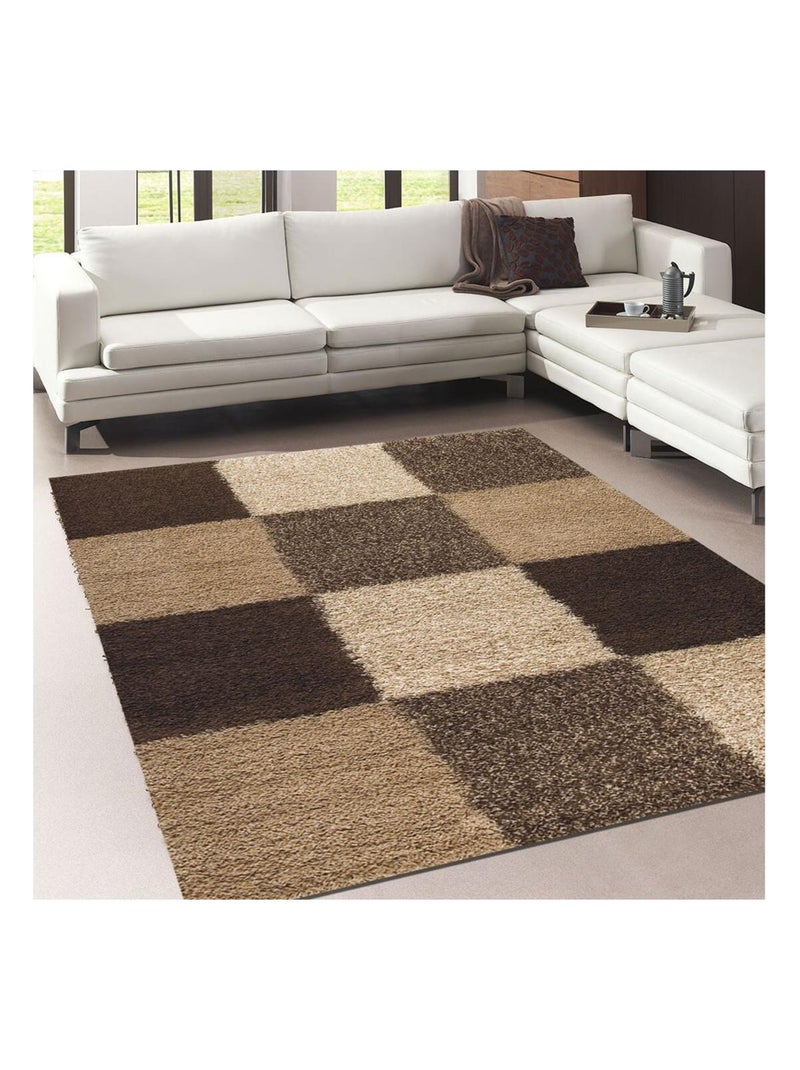 Tapis longs poils shaggy tissé motif damier NORLAZ Beige - Kiabi