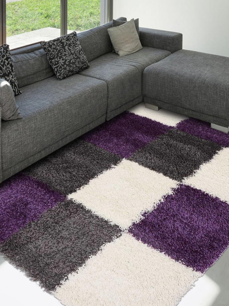 Tapis longs poils shaggy tissé motif damier NORLAZ Violet - Kiabi