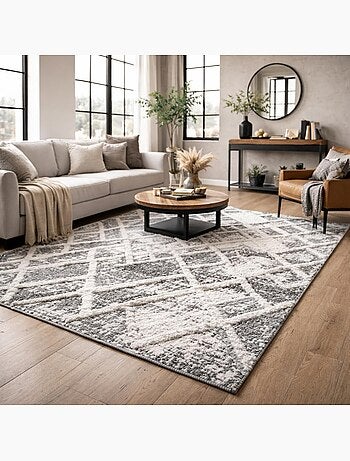 Tapis longs poils shaggy tissé motif rétro-vintage LADURO