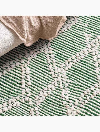 Tapis motifs losanges blanc & vert à franges 60x90cm