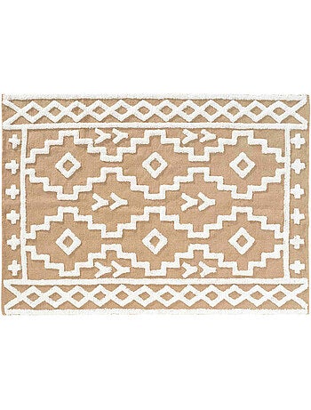Tapis rectangle 120 x 170 cm – Jute et coton – Modèle Medine – Motif ethnique relief blanc