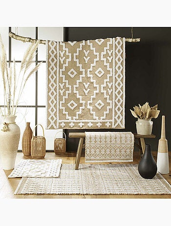 Tapis rectangle 120 x 170 cm – Jute et coton – Modèle Medine – Motif ethnique relief blanc