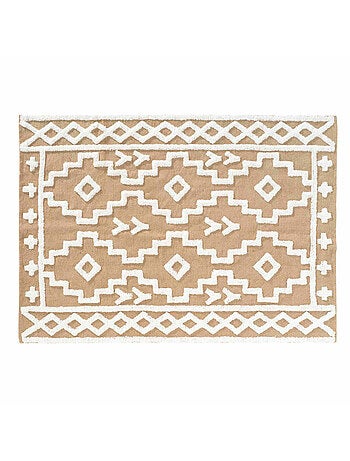 Tapis rectangle 120 x 170 cm – Jute et coton – Modèle Medine – Motif ethnique relief blanc