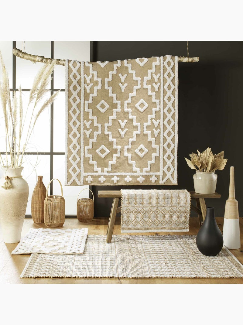 Tapis rectangle 120 x 170 cm – Jute et coton – Modèle Medine – Motif ethnique relief blanc Ecru - Kiabi