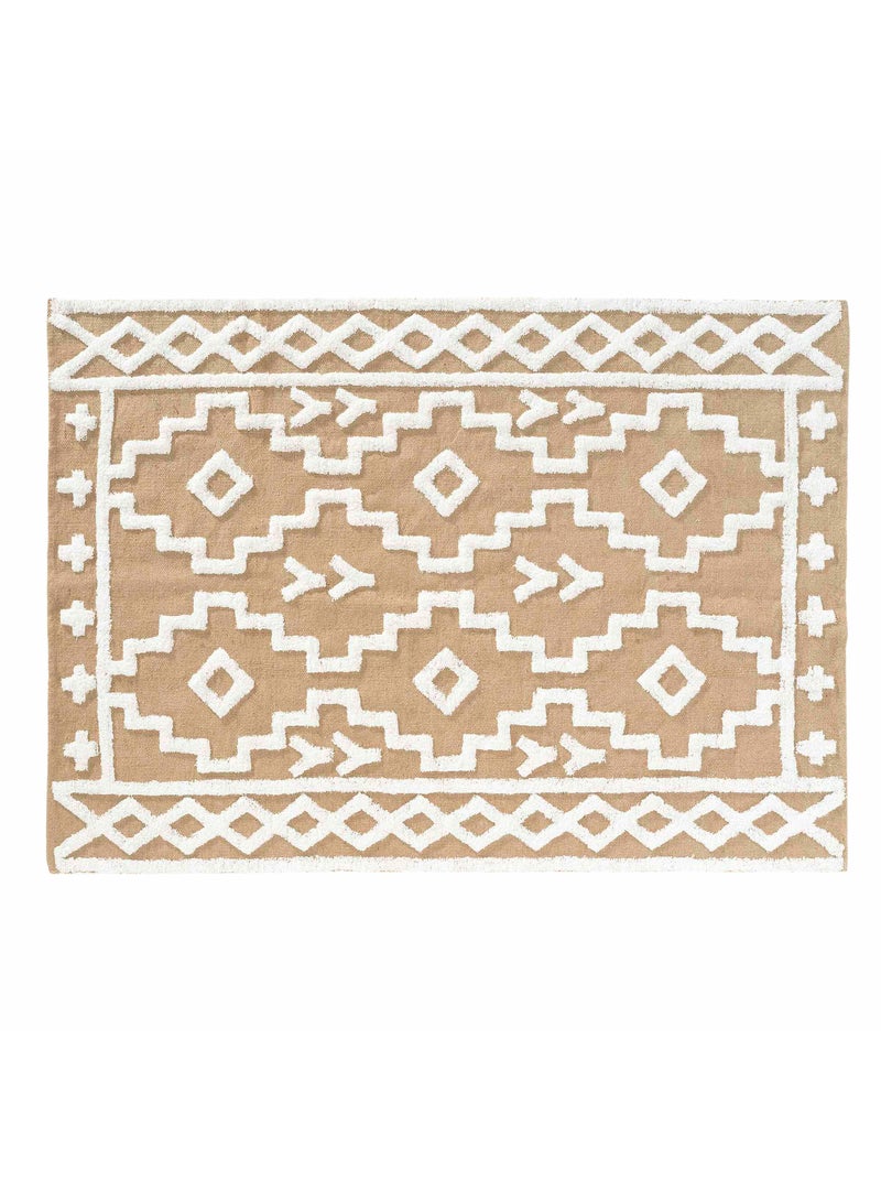 Tapis rectangle 120 x 170 cm – Jute et coton – Modèle Medine – Motif ethnique relief blanc Ecru - Kiabi