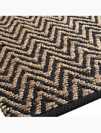 Tapis rectangle 120 x 170 cm – Jute et polycoton – Motif Zigzag noir et naturel