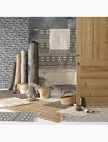 Tapis rectangle 120 x 170 cm – Jute et polycoton – Motif Zigzag noir et naturel