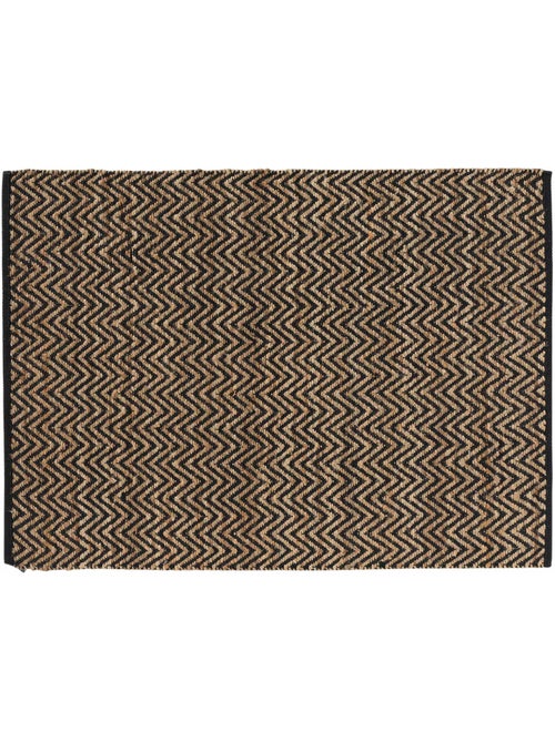 Tapis rectangle 120 x 170 cm – Jute et polycoton – Motif Zigzag noir et naturel - Kiabi