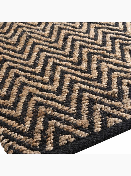Tapis rectangle 120 x 170 cm – Jute et polycoton – Motif Zigzag noir et naturel - Kiabi
