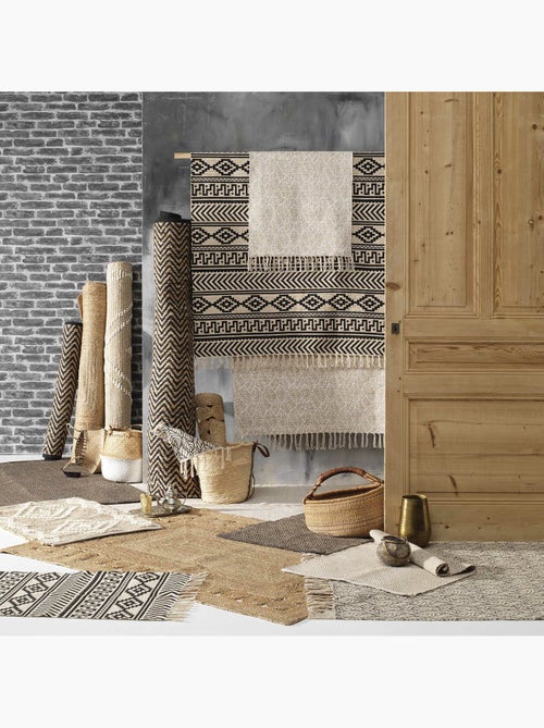 Tapis rectangle 120 x 170 cm – Jute et polycoton – Motif Zigzag noir et naturel - Kiabi