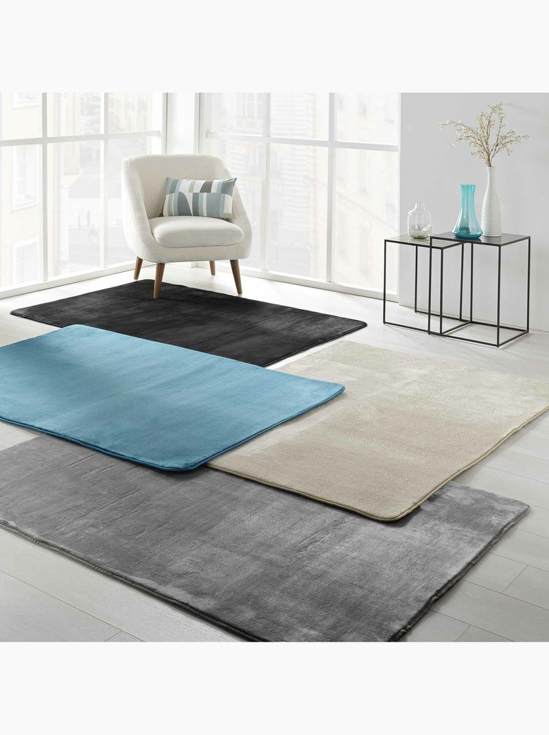 Tapis Rectangle – Flanelle Unie Ultra Douce – Finition Biais Bleu - Kiabi