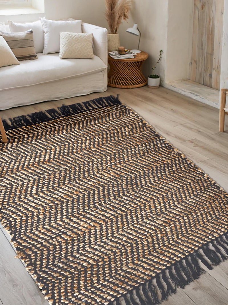 Tapis rectangulaire avec franges en jute et coton - Dylrev Noir - Kiabi