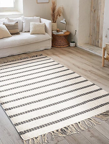 Tapis rectangulaire en jute et coton avec franges, Dylrev