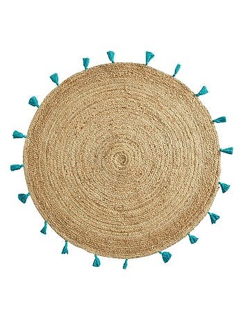 Tapis rond 120 cm jute pompons Shira turquoise