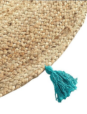 Tapis rond 120 cm jute pompons Shira turquoise