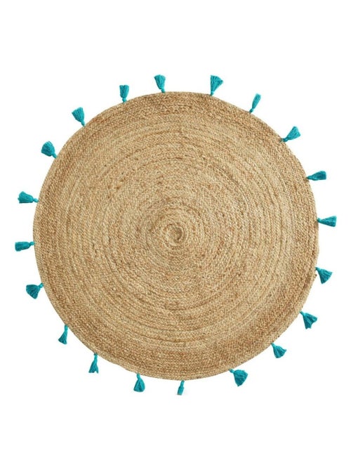 Tapis rond 120 cm jute pompons Shira turquoise - Kiabi