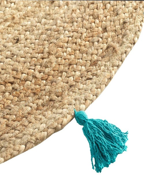 Tapis rond 120 cm jute pompons Shira turquoise - Kiabi