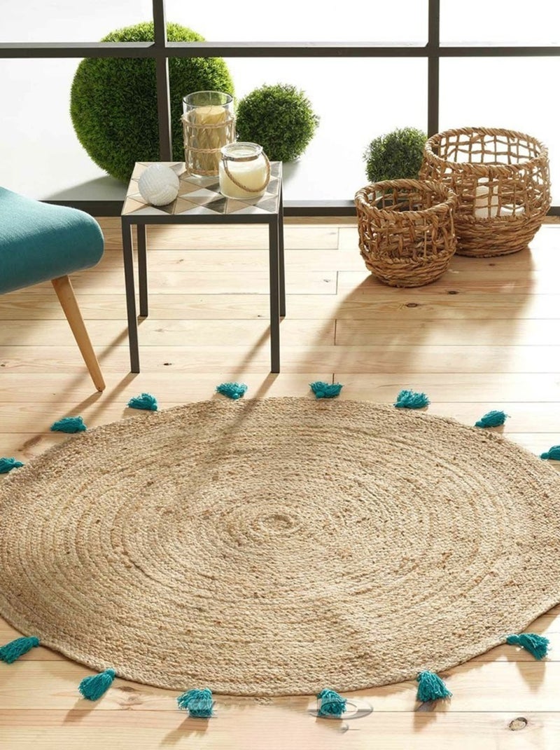 Tapis rond 120 cm jute pompons Shira turquoise Bleu - Kiabi