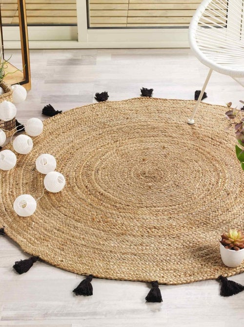 Tapis rond 120 cm jute Shira noir - Kiabi
