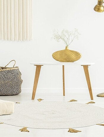 Tapis rond coton pompon beige 90 cm