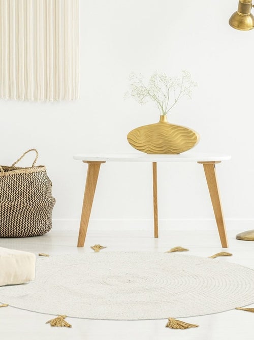 Tapis rond coton pompon beige 90 cm - Kiabi