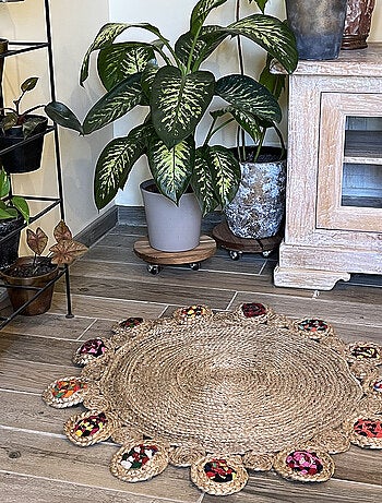 Tapis rond ethnique en jute et coton