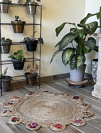 Tapis rond ethnique en jute et coton