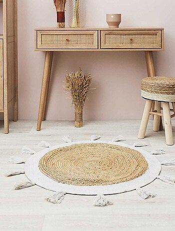 Tapis rond jute pompons blanc D80