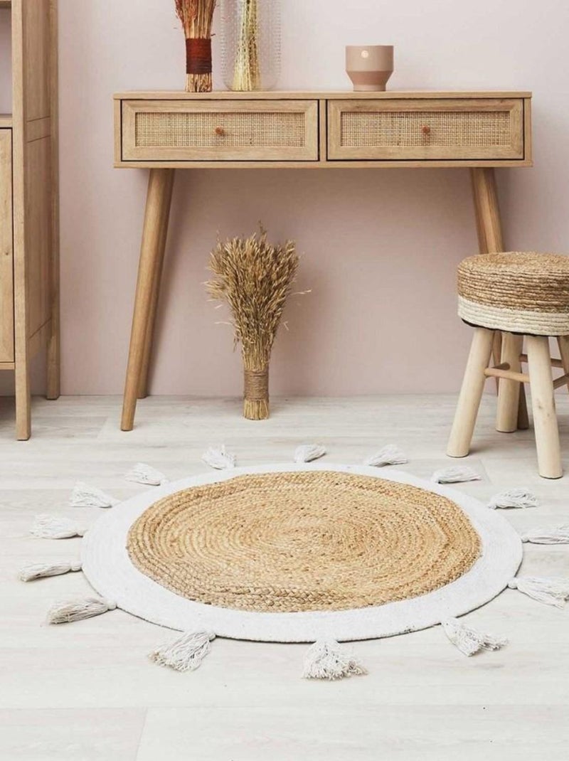Tapis rond jute pompons blanc D80 Blanc - Kiabi