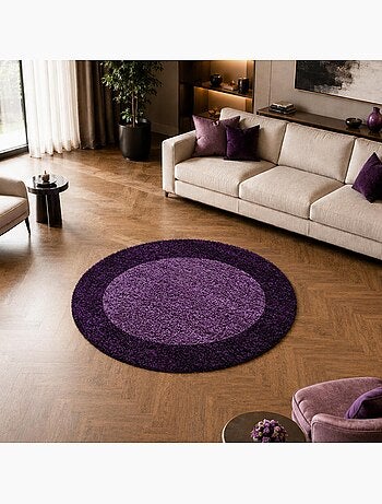 Tapis rond poils longs shaggy tissé motif simple BORDURE