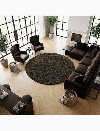 Tapis rond poils longs shaggy tissé motif uni uni b