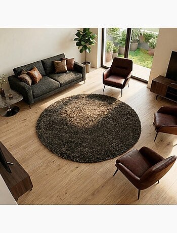 Tapis rond poils longs shaggy tissé motif uni uni b