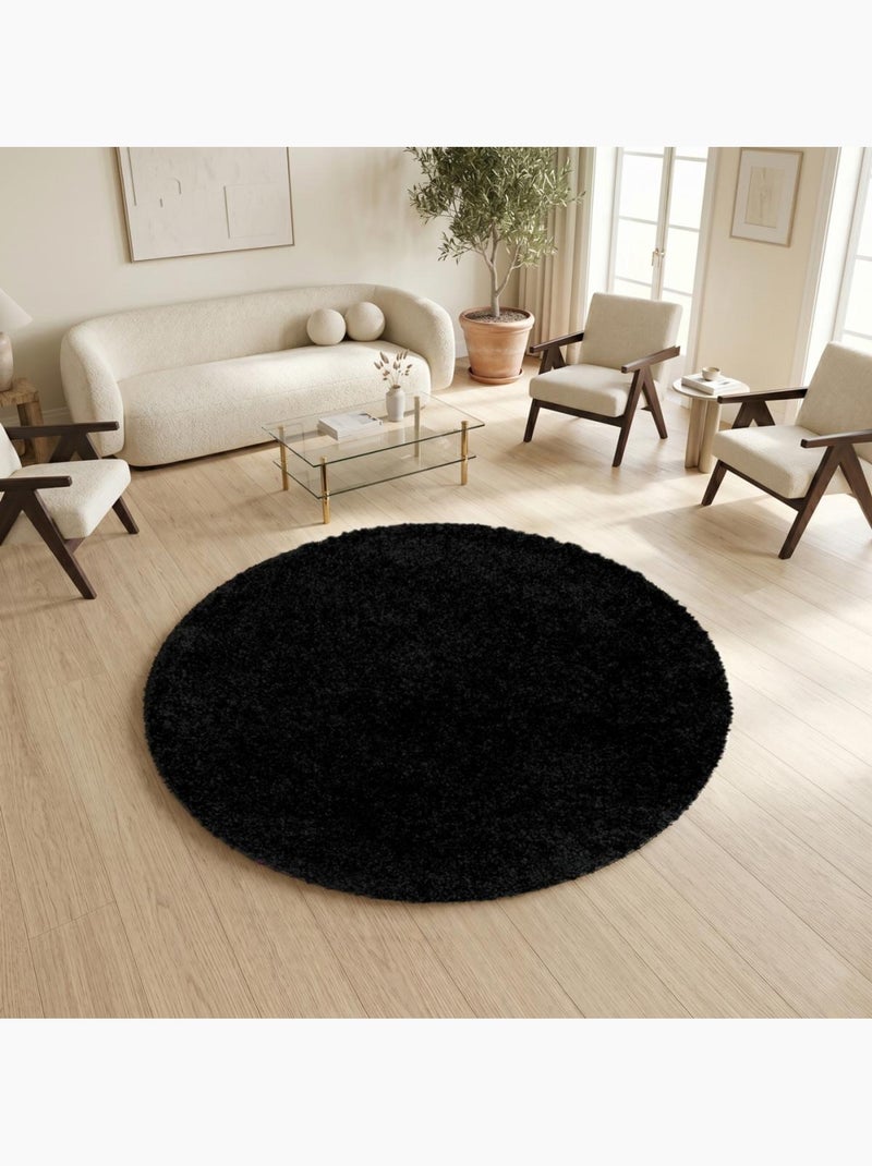 Tapis rond poils longs shaggy tissé motif uni UNI I Noir - Kiabi