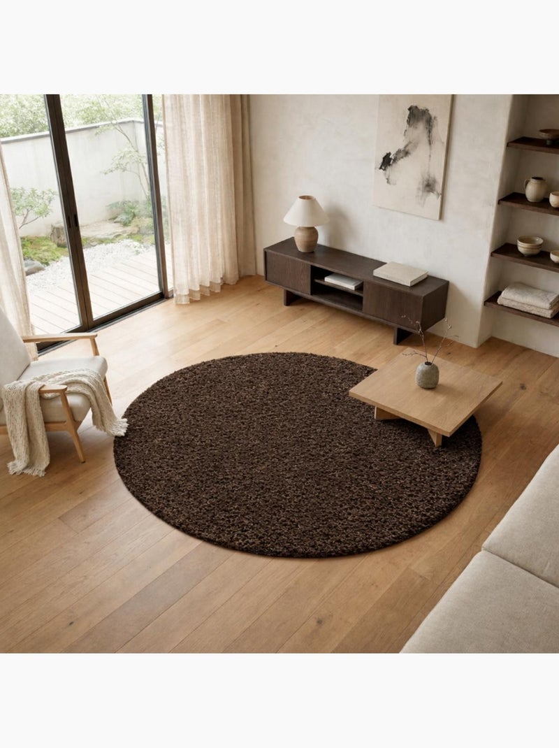Tapis rond poils longs shaggy tissé motif uni uni l Marron - Kiabi